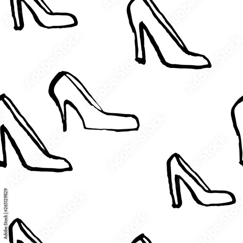 Women shoes seamless pattern. Dry brush grunge background.