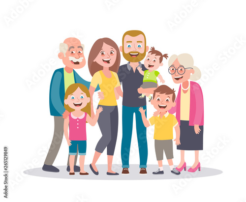 Family portrait. Parents, children and grandparents. Multi-generational family. Full lenght portrait of family members standing together. Vector illustration in cartoon style isolated on white.