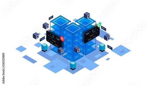 Isometric design concept virtual reality and augmented reality. software development and programming. Computation of big data center, information processing, database. isometric vector technology