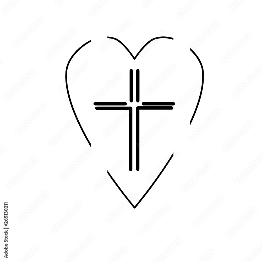 Christian cross icon in the heart inside. Black christian cross sign isolated on light background. Vector illustration. Christian cross icon in the heart inside. Black christian cross sign isolated on light background. Vector illustration.