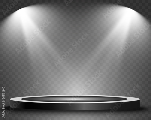 Round podium, pedestal or platform, illuminated by spotlights in the background. Vector illustration. Bright light. Light from above. Advertising place 