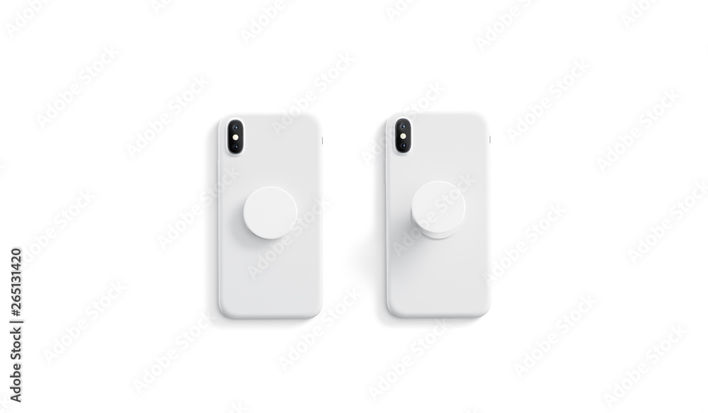 Blank white opened and closed phone pop socket up on smartphone lying isolated, top view,