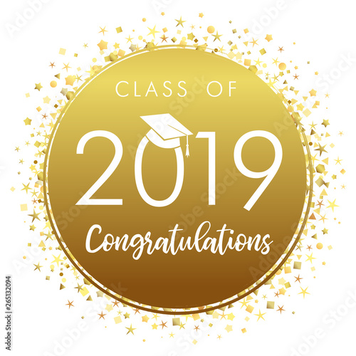 Class of 20 19 year graduation banner, awards concept. Medal idea, holiday coloured invitation card, golden emblem. Isolated numbers, abstract graphic design template, brush letters, white background