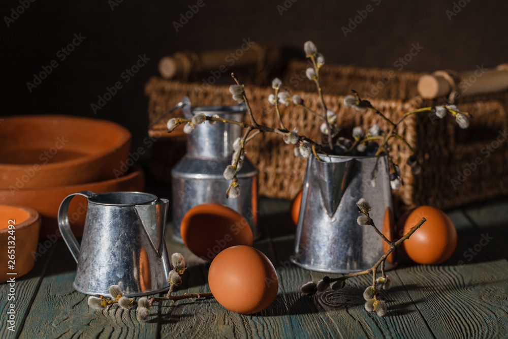 Obraz premium eggs with baking pans. easter cake baking process