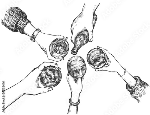 Top view cheering hands hold alcohol