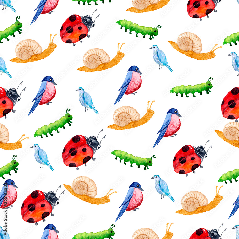 Pattern with isolated watercolor garden tools, plants and flowers. Flower pot, flowerpots, ladybug, snail, bird, caterpillar. Pattern with isolated watercolor garden tools, plants and flowers. Flower pot, flowerpots, ladybug, snail, bird, caterpillar.