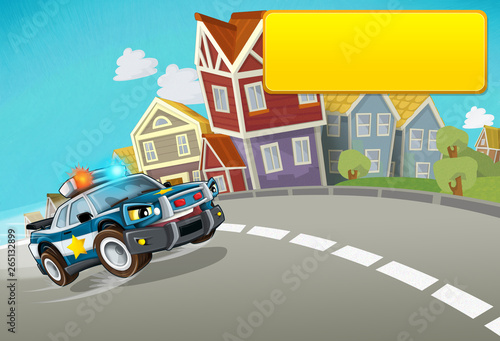 cartoon police chase through the city with title frame space for text - illustration for children © honeyflavour
