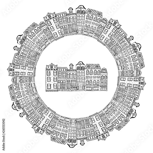 Set Amsterdam old houses cartoon facades. Traditional architecture of Netherlands. Colorful vector illustrations in the Dutch style.