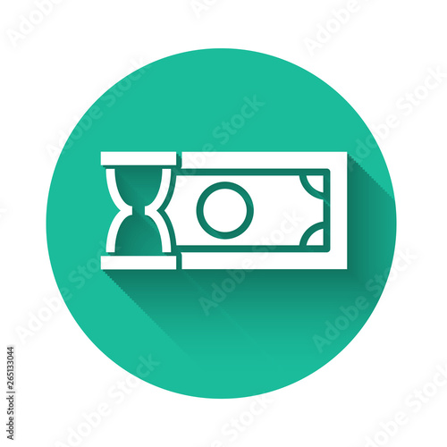 White Fast payments icon isolated with long shadow. Fast money transfer payment. Financial services, fast loan, time is money, cash back concept. Green circle button. Vector Illustration