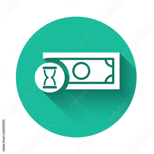 White Fast payments icon isolated with long shadow. Fast money transfer payment. Financial services, fast loan, time is money, cash back concept. Green circle button. Vector Illustration