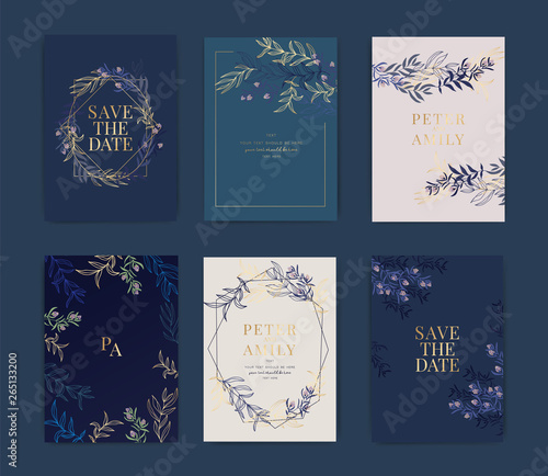 Navy Wedding Invitation, floral invite thank you, rsvp modern card Design in golden and blue leaf greenery  branches decorative Vector elegant rustic template