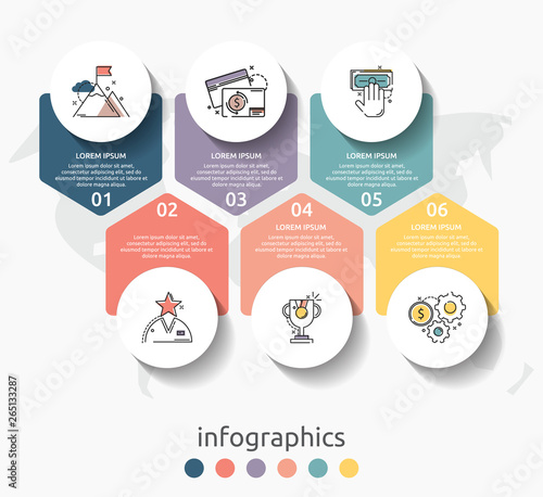 Vector infographic flat template circles for six label, diagram, graph, presentation. Business concept with 6 options and arrows. For content, flowchart, steps, timeline, workflow, marketing. EPS10