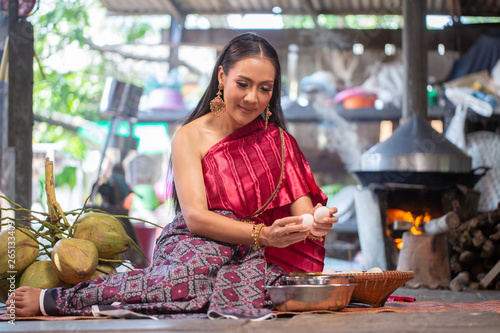 Beautiful woman cooking   Thai culture style