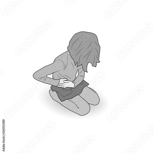 Little girl sitting holding hands on her tummy, belly, abdomen. Abdomenal, liver pain, appendicitis. Vector outlined flat illustration. Gray image, white background.