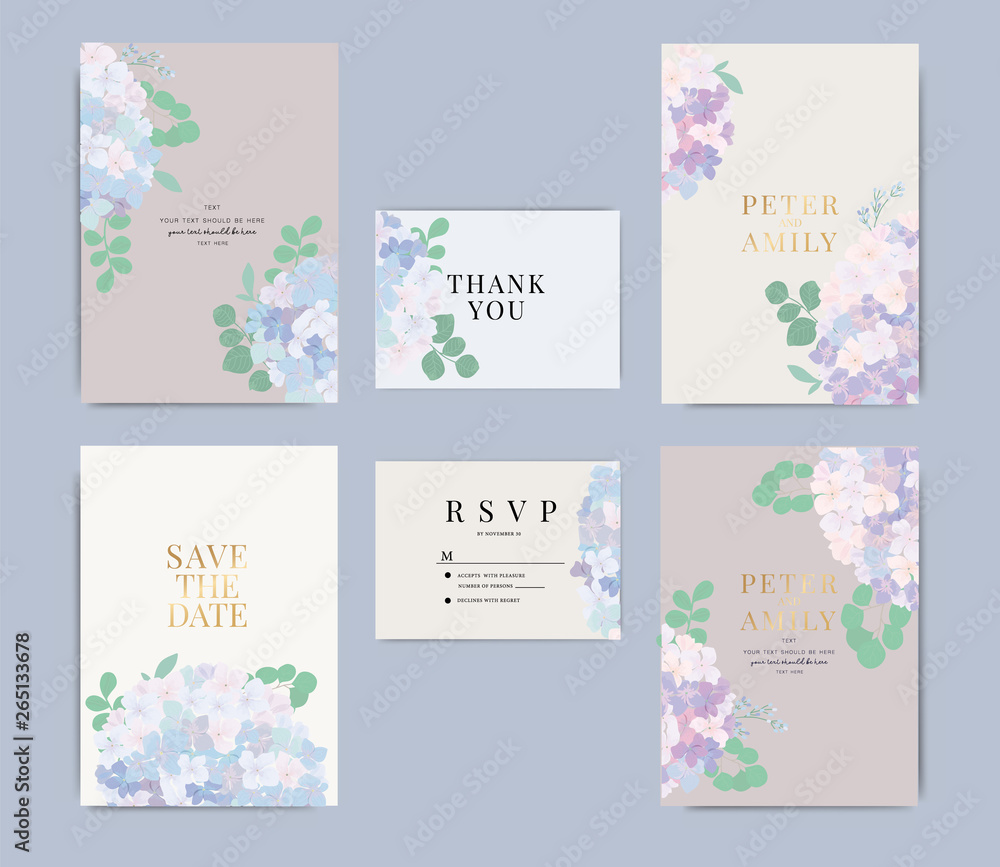 Wedding Invitation, floral invite thank you, rsvp modern card Design in purple flower with leaf greenery  branches decorative Vector elegant rustic template