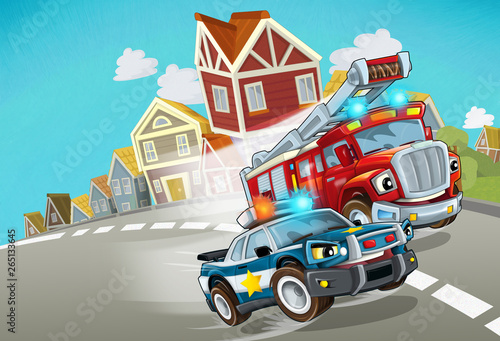 cartoon police and fire brigade driving through the city - illustration for children