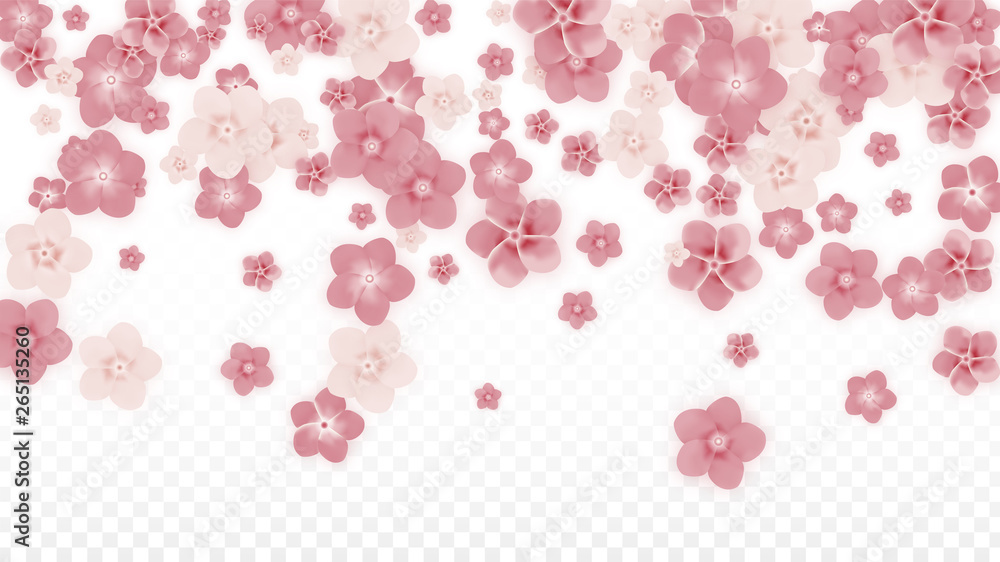 Vector Realistic Pink Flowers Falling on Transparent Background. Spring Romantic Flowers Illustration. Flying Petals. Sakura Spa Design. Blossom Confetti. Design Elements for Wedding Decoration. Vector Realistic Pink Flowers Falling on Transparent Background. Spring Romantic Flowers Illustration. Flying Petals. Sakura Spa Design. Blossom Confetti. Design Elements for Wedding Decoration.