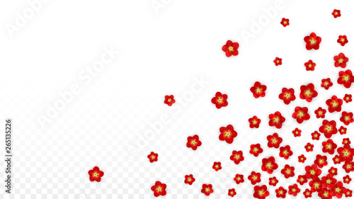 Vector Realistic Red Flowers Falling on Transparent Background.  Spring Romantic Flowers Illustration. Flying Asian Rose Spa Design. Blossom Confetti. Design Elements for Wedding Decoration.