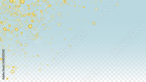 Christmas  Vector Background with Gold Falling Snowflakes Isolated on Transparent Background. Realistic Snow Sparkle Pattern. Snowfall Overlay Print. Winter Sky. Design for Party Invitation.