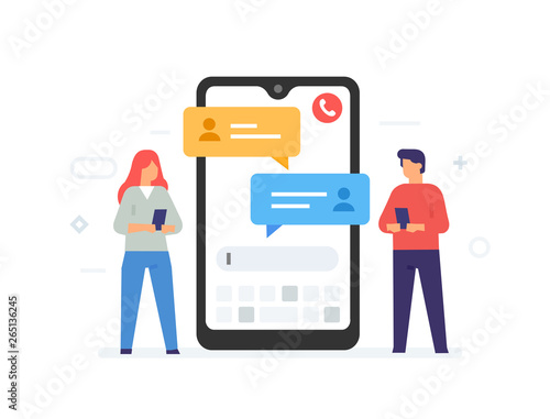 Chat messages notification on smartphone vector illustration, flat cartoon sms bubbles on mobile phone screen, man person chatting on cellphone with woman isolated photo