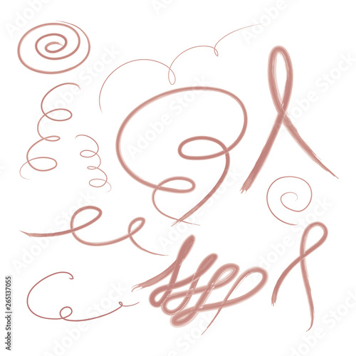 Abstract red watercolor brush strokes. Collection of wavy lines, scribbles, swirls, isolated on white background.