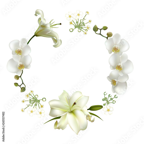 Flowers. Floral background. Orchids. Lilies. White. Green leaves. Pattern. Wreath.