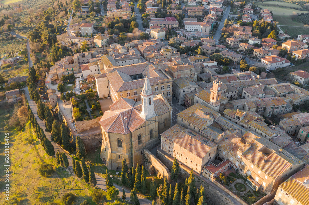 The main square in Pienza, Tuscany, photo from above, taken from the drone.