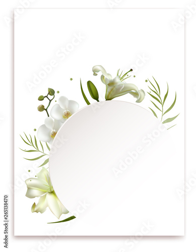 Flowers. Floral background. Orchids. Lilies. White. Green leaves. Pattern.