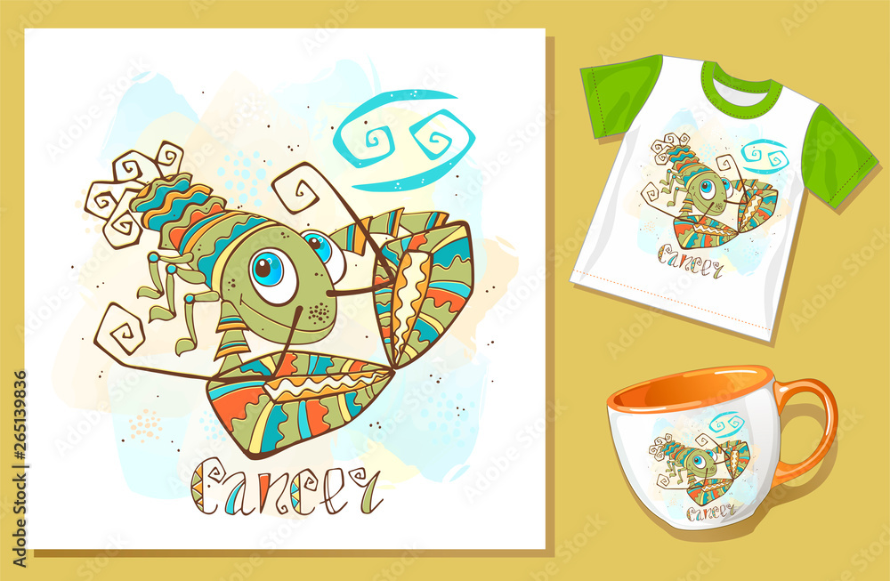 Fototapeta premium Children's Zodiac. Cancer sign . Application examples on t-shirt and mug. Vector