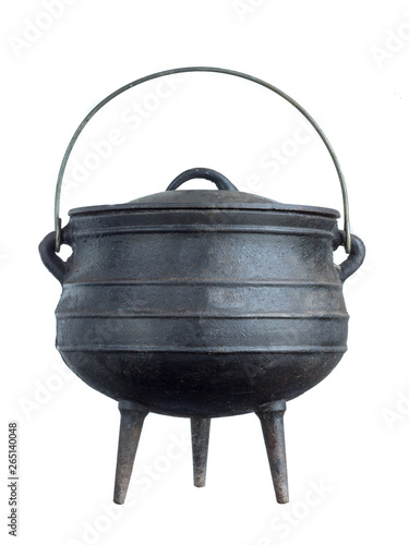 close up of black cast iron pot South African potjie pot isolated on white