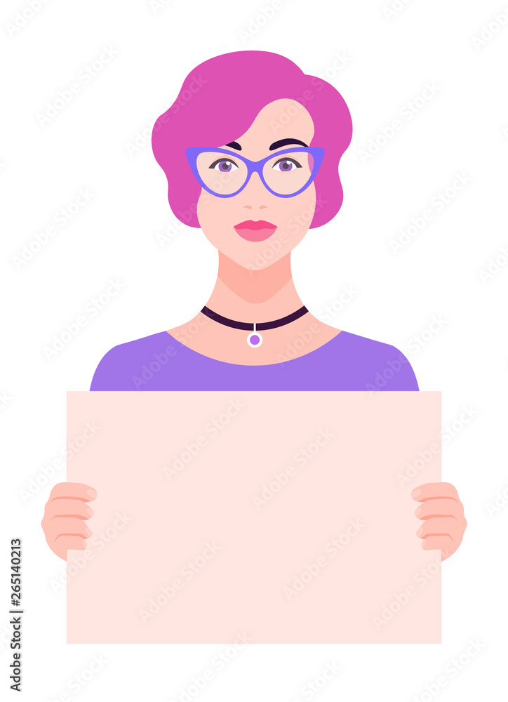 A girl wearing eyeglasses is holding a poster. Feminism and women's rights. A student is protesting. Vector flat illustration A girl wearing eyeglasses is holding a poster. Feminism and women's rights. A student is protesting. Vector flat illustration
