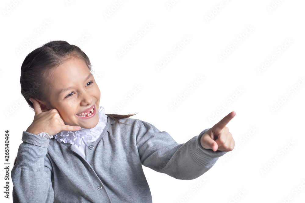 Portrait of cute little girl gesturing on white background Portrait of cute little girl gesturing on white background