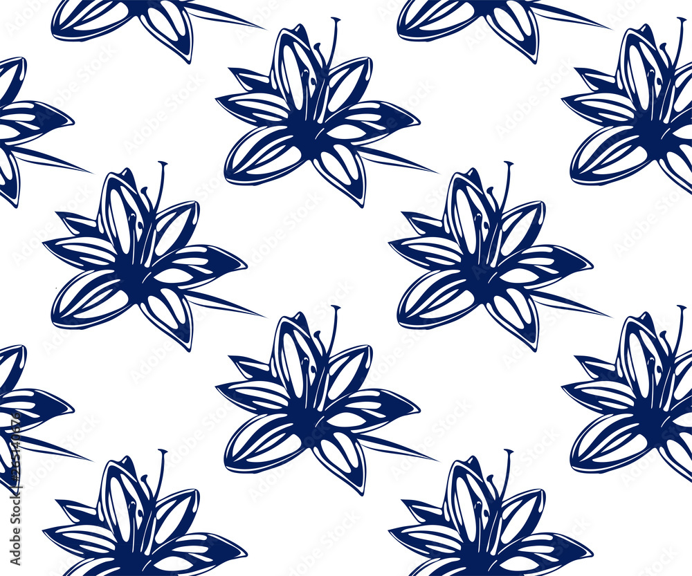 Vector Lily flowers seamless patern. Hand drawn ink illustration. Wallpaper or fabric design