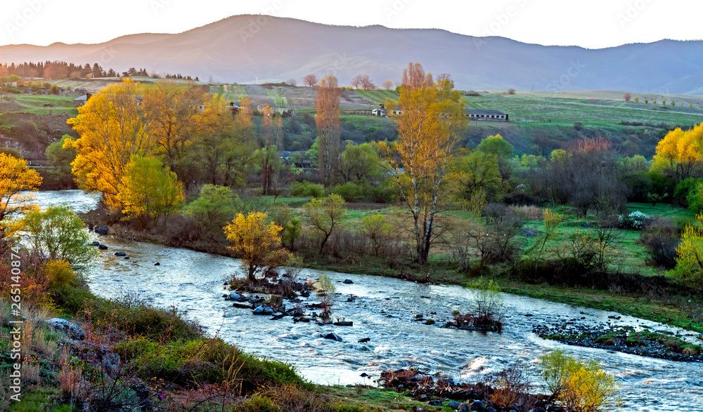 River Hrazdan and mountain ridge in Armenia. - obrazy, fototapety, plakaty 