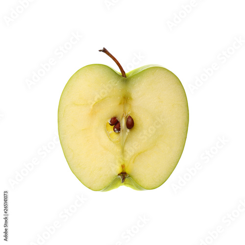 Close up cut slice of green apple over white