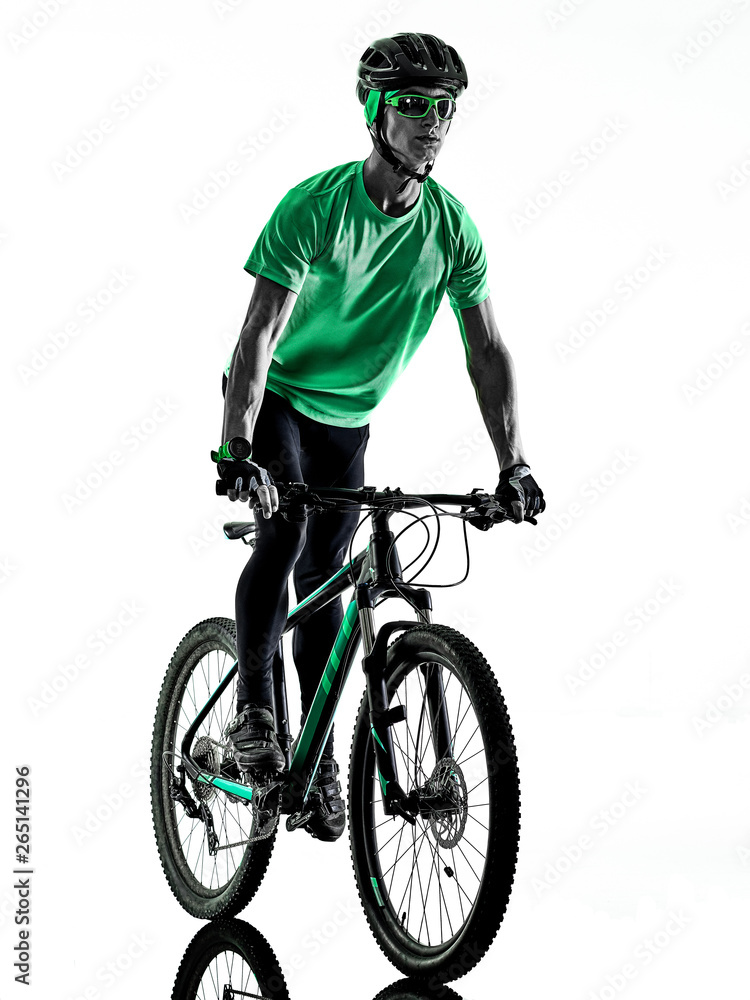 Fototapeta premium one caucasian man practicing man mountain bike bking isolated on white background with shadows