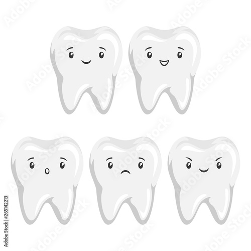 Set of cute tooth with different facial expressions.