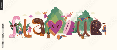 Dessert font - modern flat vector concept digital illustration of temptation font, sweet lettering and girls. Caramel, toffee, biscuit, waffle, cookie, cream and chocolate letters. Lettering Flavour