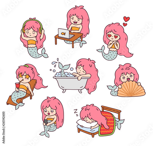 Set of cute little pink-haired mermaid, doing everyday things. Collection of kawaii cartoon characters. Doodle style. Vector outline illustration.