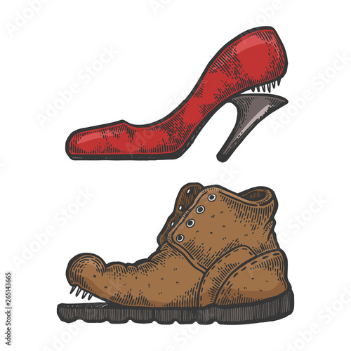 Broken male female footwear shoes color sketch engraving vector illustration. Scratch board style imitation. Black and white hand drawn image.