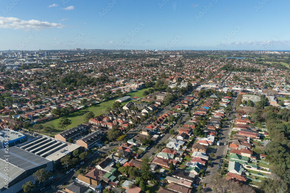 Aerial view of Mascot, Rosebery and Coogee suburbs of Sydney Metro area