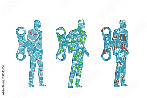 Business men walking with a wind up key mechanism being stimulated by energy pills and coffee