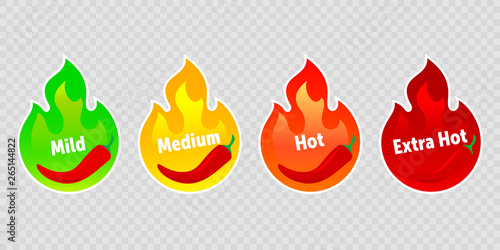 Spicy chili pepper hot fire flame labels. Vector spicy food level icons, green mild, medium and red extra hot jalapeno and tabasco pepper fire flame