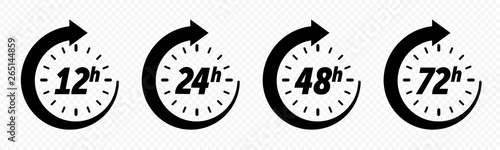 12, 24, 48 and 72 hours clock arrow, deodorant work time effect. Vector delivery service time icons