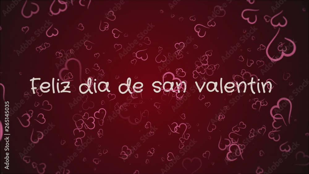 Feliz dia de san Valentin, Happy Valentine's day in spanish language, greeting card, pink hearts, red background