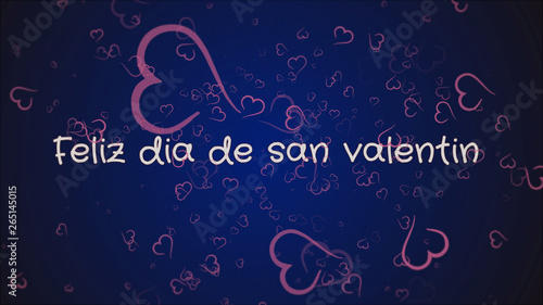 Feliz dia de san Valentin, Happy Valentine's day in spanish language, greeting card, pink hearts, blue background