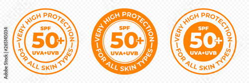 SPF 50 sun protection, UVA and UVB vector icons. SPF 50 PLUS high sunblock, skin UV protection lotion and cream package label