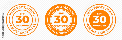 SPF 30 sun protection, UVA and UVB vector icons. SPF 30 high UV protection skin lotion and cream package label