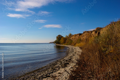 Fototapeta Naklejka Na Ścianę i Meble -  The nature of the earth. Steppe, field and road. Deserted shore, cliff on the banks of the river. Trees Autumn. Cool. Daytime.