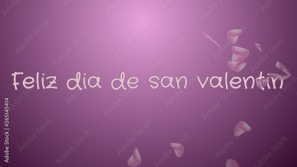 Feliz dia de san Valentin, Happy Valentine's day in spanish language, greeting card, pink petals, lilac background